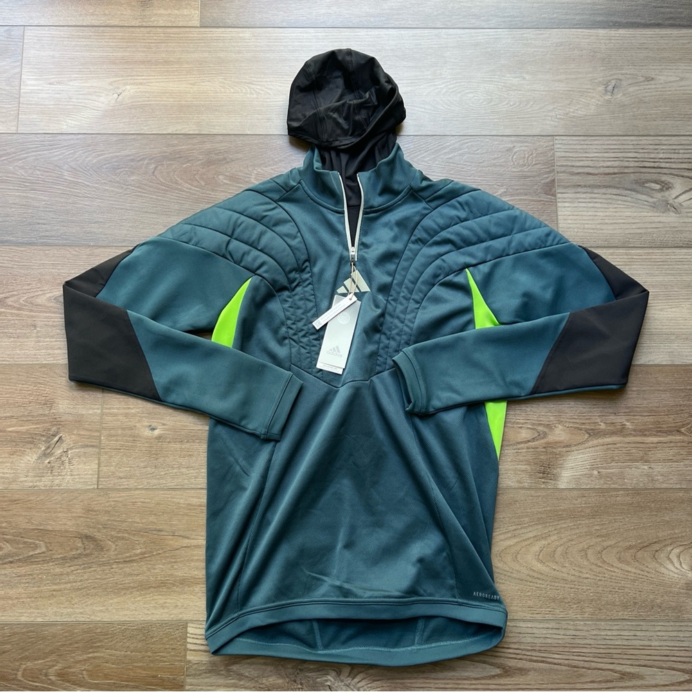 adidas Teal Green Hooded Pullover with Neon Lime Accents